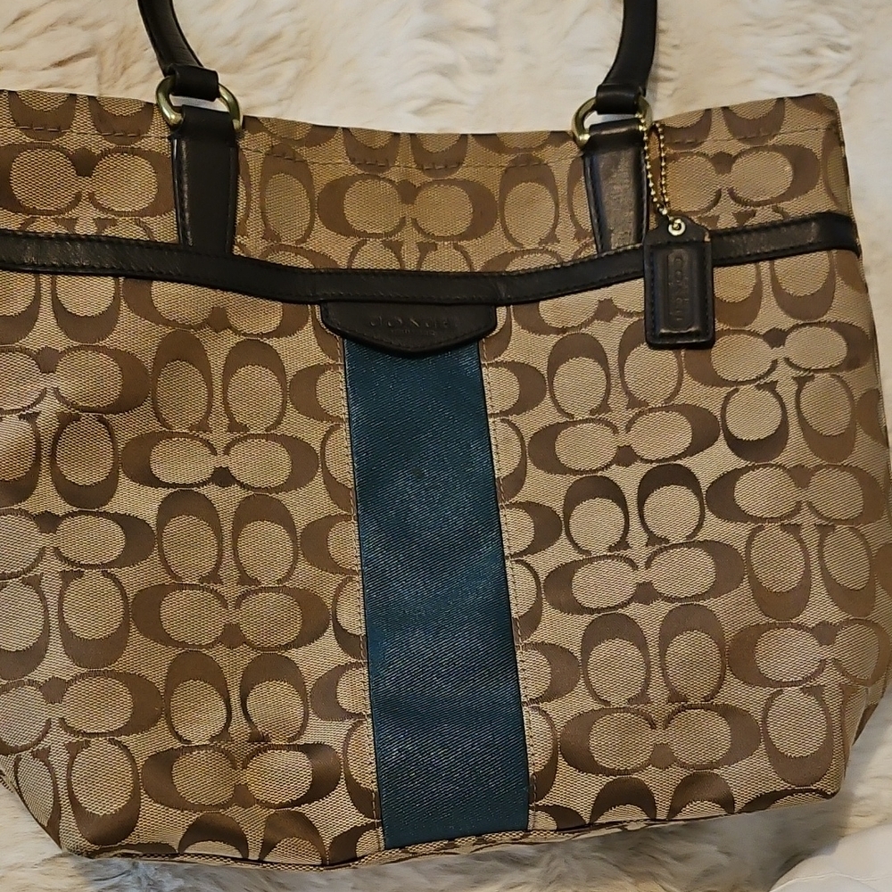 Coach Brown and Teal Signature Shoulder Bag